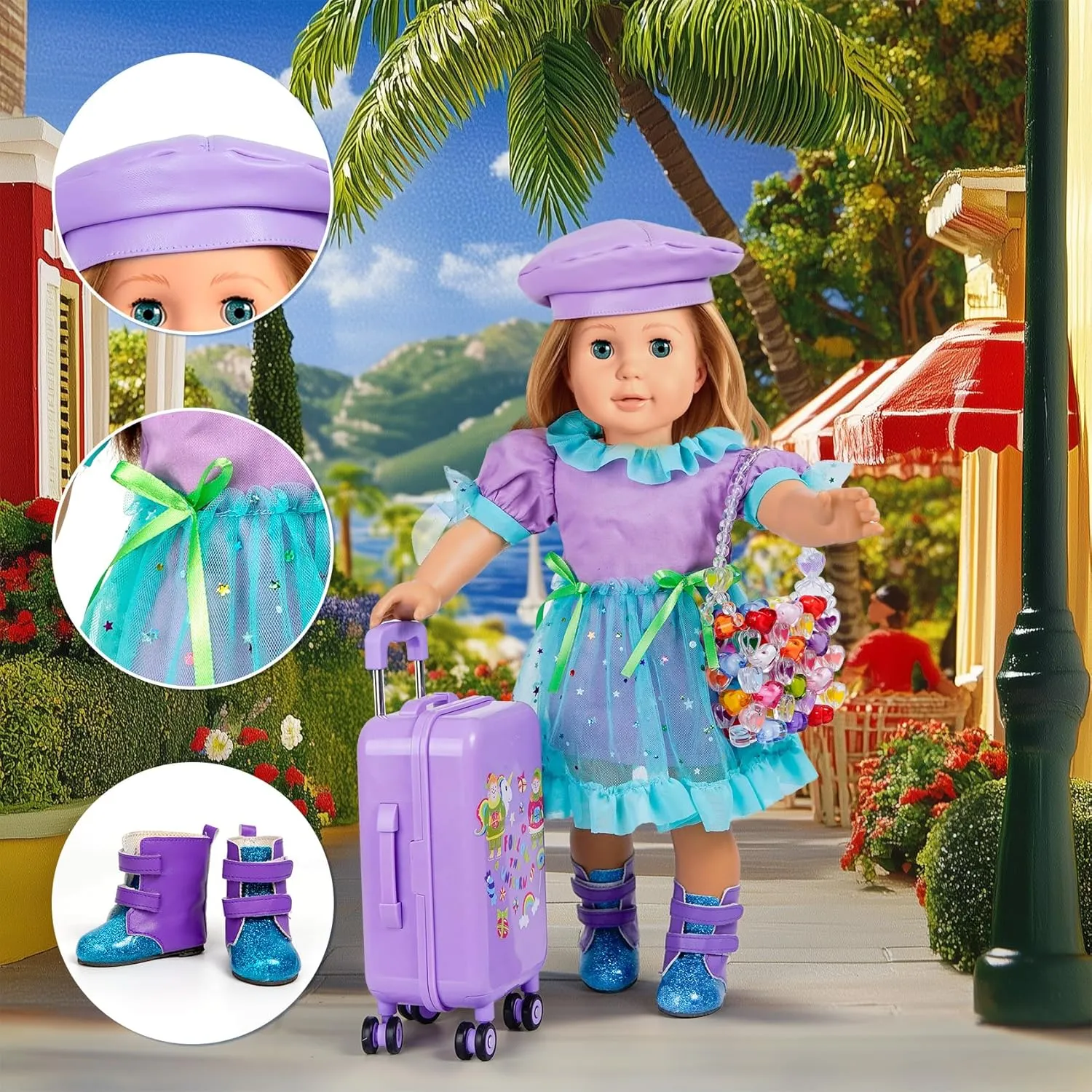 18-inch-Doll-Clothes and Accessories - Doll-Travel-Suitcase Luggage, Doll-Clothes and Shoes, Handbag, Berets,Passport, Notebook, Doll Travel Gear Play Sets
