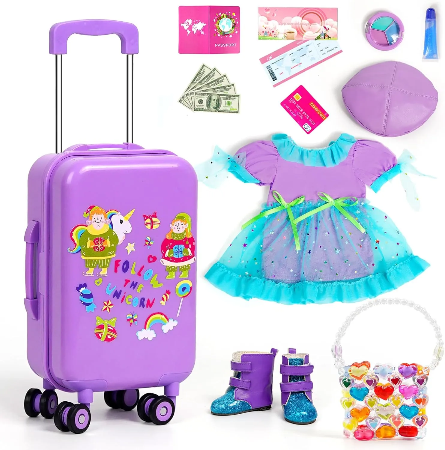 18-inch-Doll-Clothes and Accessories - Doll-Travel-Suitcase Luggage, Doll-Clothes and Shoes, Handbag, Berets,Passport, Notebook, Doll Travel Gear Play Sets