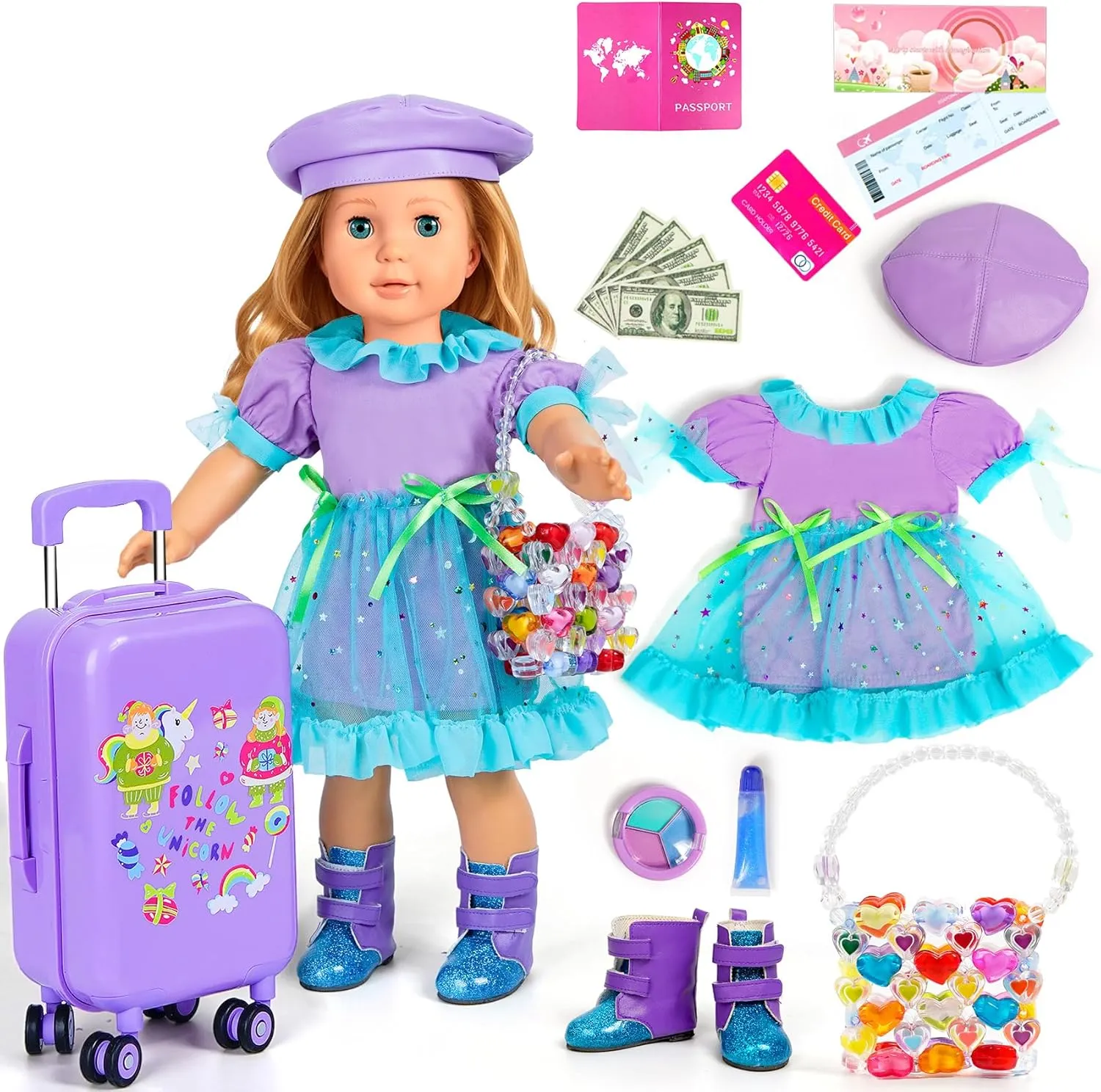 18-inch-Doll-Clothes and Accessories - Doll-Travel-Suitcase Luggage, Doll-Clothes and Shoes, Handbag, Berets,Passport, Notebook, Doll Travel Gear Play Sets