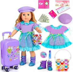 18-inch-Doll-Clothes and Accessories - Doll-Travel-Suitcase Luggage, Doll-Clothes and Shoes, Handbag, Berets,Passport, Notebook, Doll Travel Gear Play Sets