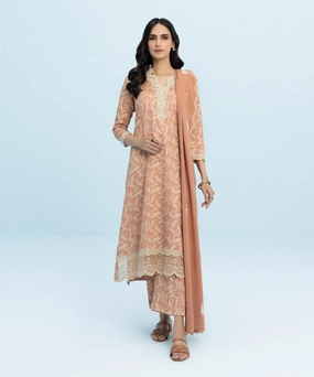 3 Piece - Embroidered Cotton Satin Suit