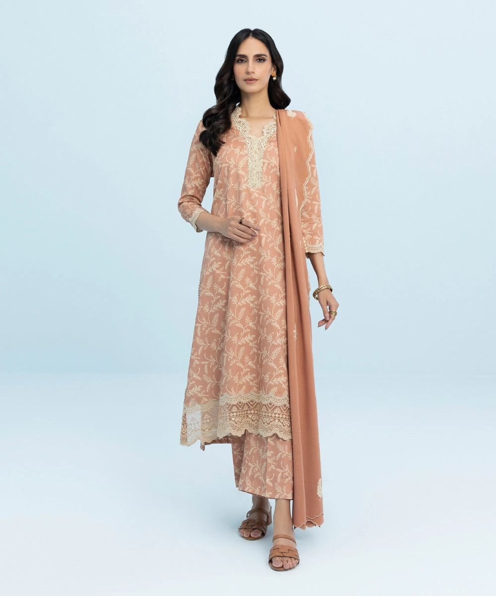 3 Piece - Embroidered Cotton Satin Suit