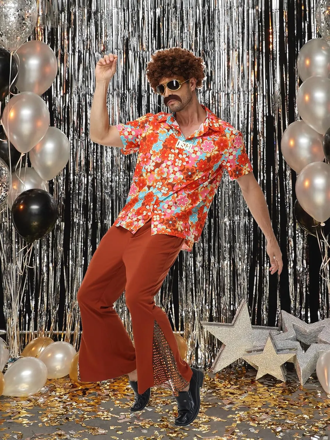 7Pcs Mens 70s Disco Costume, Retro Shirt Bell Bottom Pants Wig Sunglasses Necklace Wig Cap for Disco Party