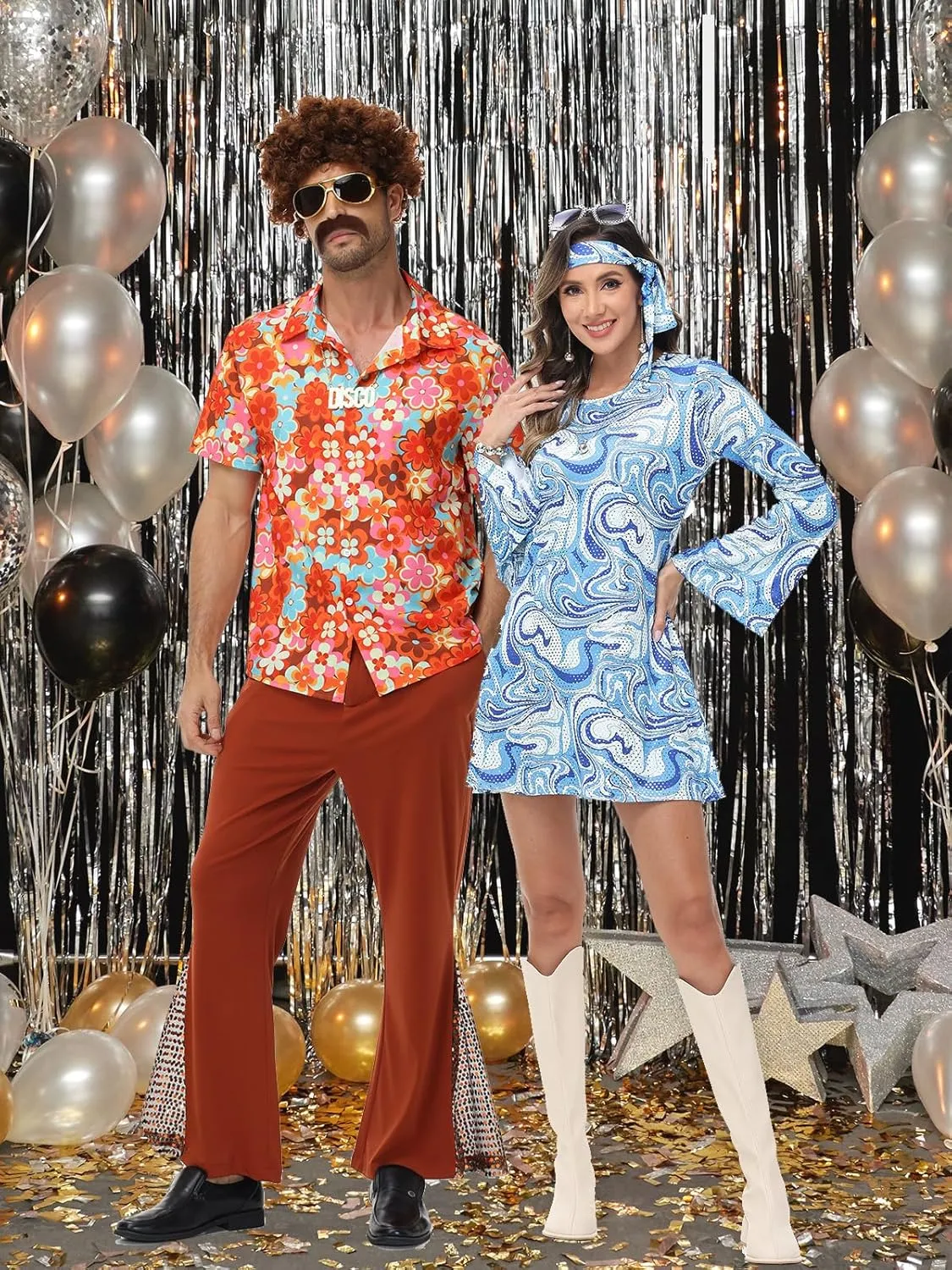 7Pcs Mens 70s Disco Costume, Retro Shirt Bell Bottom Pants Wig Sunglasses Necklace Wig Cap for Disco Party