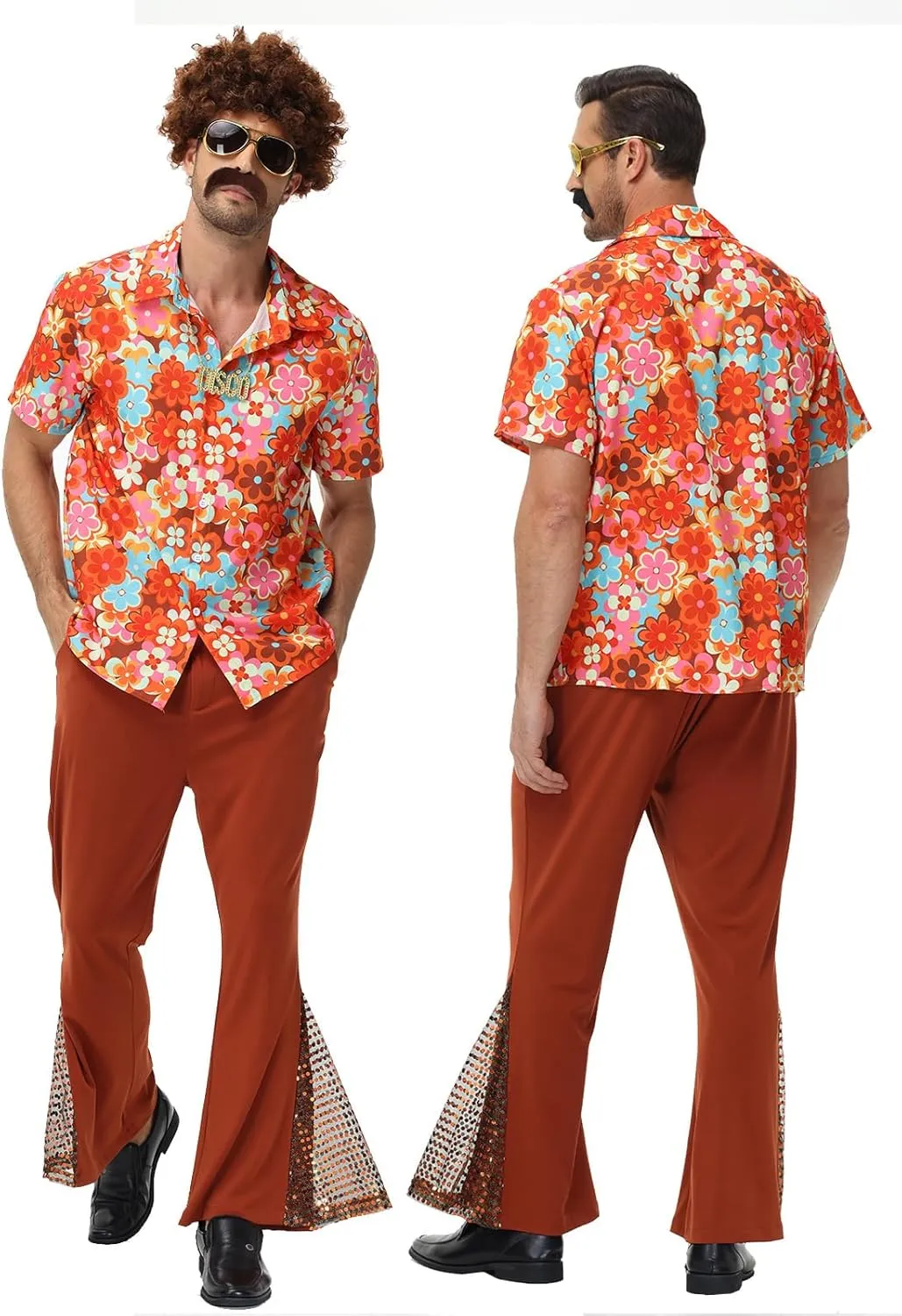 7Pcs Mens 70s Disco Costume, Retro Shirt Bell Bottom Pants Wig Sunglasses Necklace Wig Cap for Disco Party