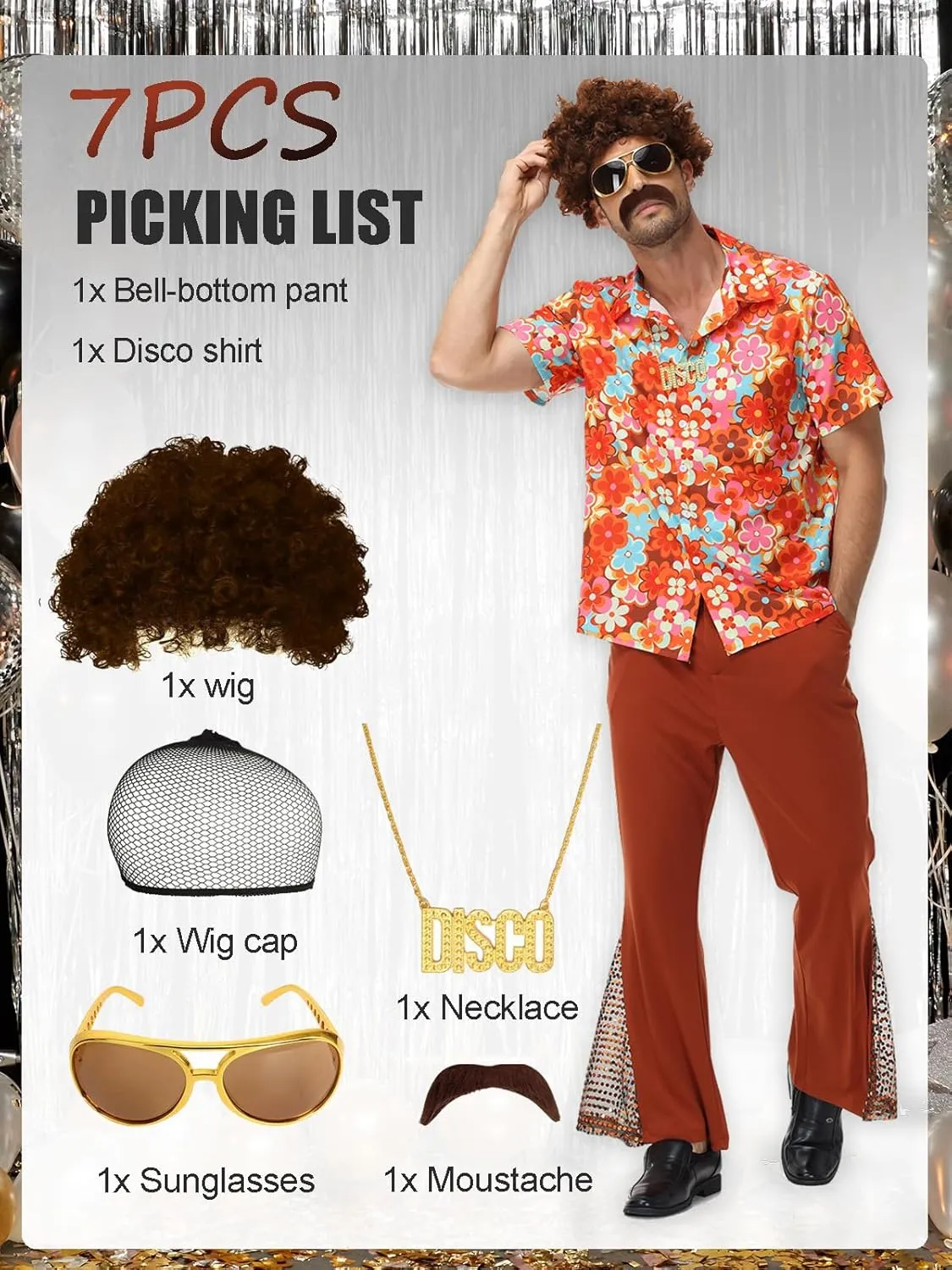 7Pcs Mens 70s Disco Costume, Retro Shirt Bell Bottom Pants Wig Sunglasses Necklace Wig Cap for Disco Party