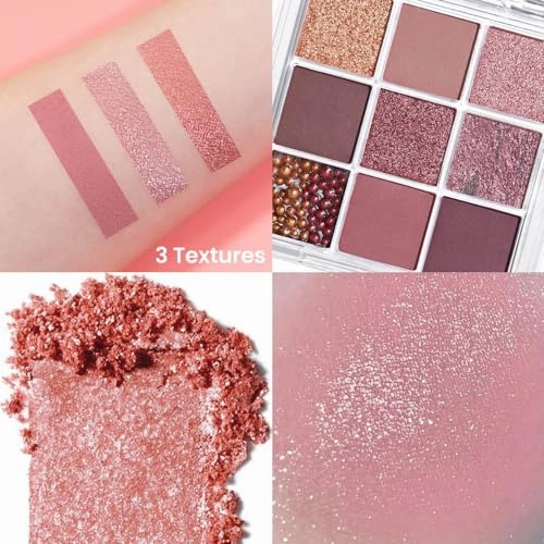 9Colors Pink Brown Violet Sparkly Eyeshadow Makeup Palette,Korean Natural Hypoallergenic Glitter Eyeshadow Palette,Highly Pigmented