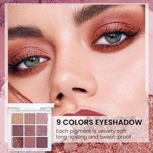 9Colors Pink Brown Violet Sparkly Eyeshadow Makeup Palette,Korean Natural Hypoallergenic Glitter Eyeshadow Palette,Highly Pigmented