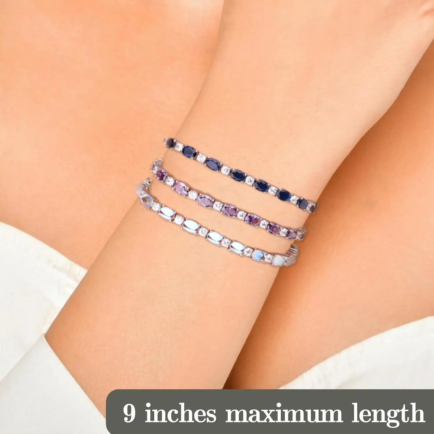 Adjustable Birthstone Gem Tennis Bracelet for Women, 925 Sterling Silver Plated with White Gold Chain