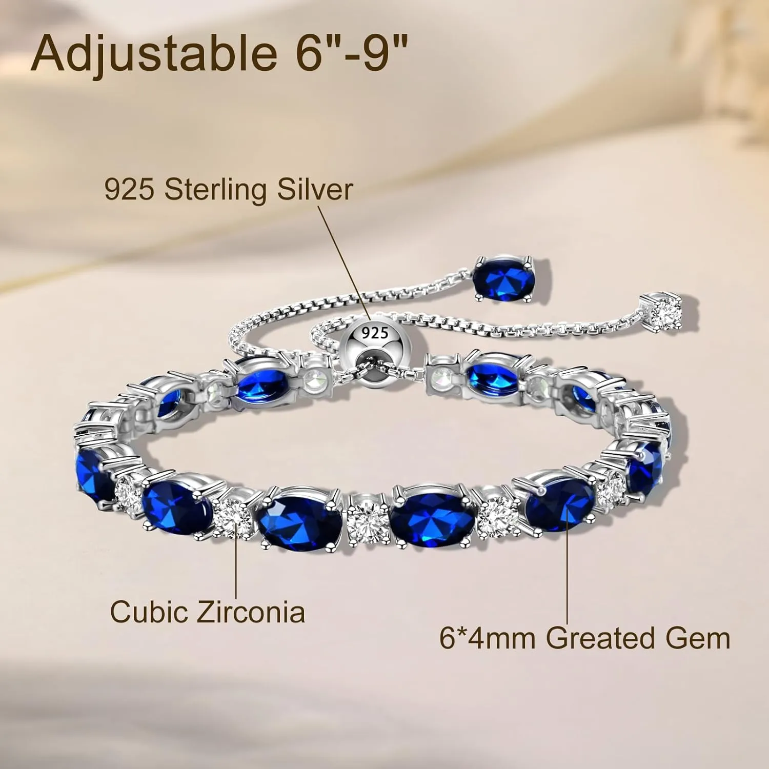 Adjustable Birthstone Gem Tennis Bracelet for Women, 925 Sterling Silver Plated with White Gold Chain