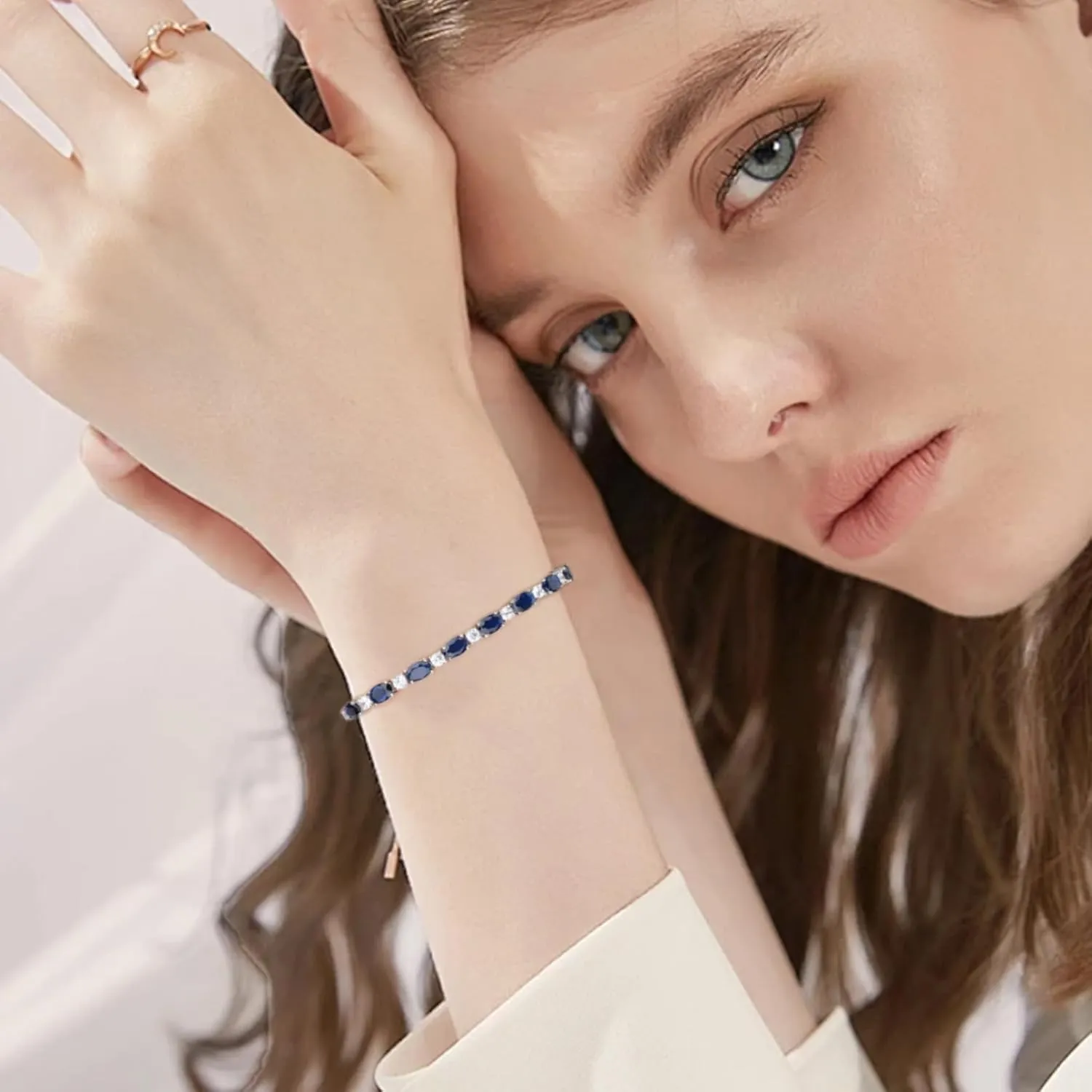 Adjustable Birthstone Gem Tennis Bracelet for Women, 925 Sterling Silver Plated with White Gold Chain