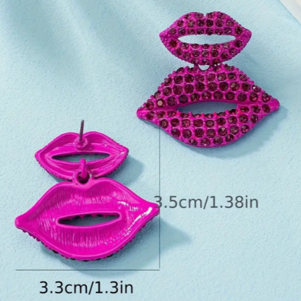 An Extra HOT Sparkly PINK Lipstick Lips Featuring A Larger and Small Pair of Lips Post Earring