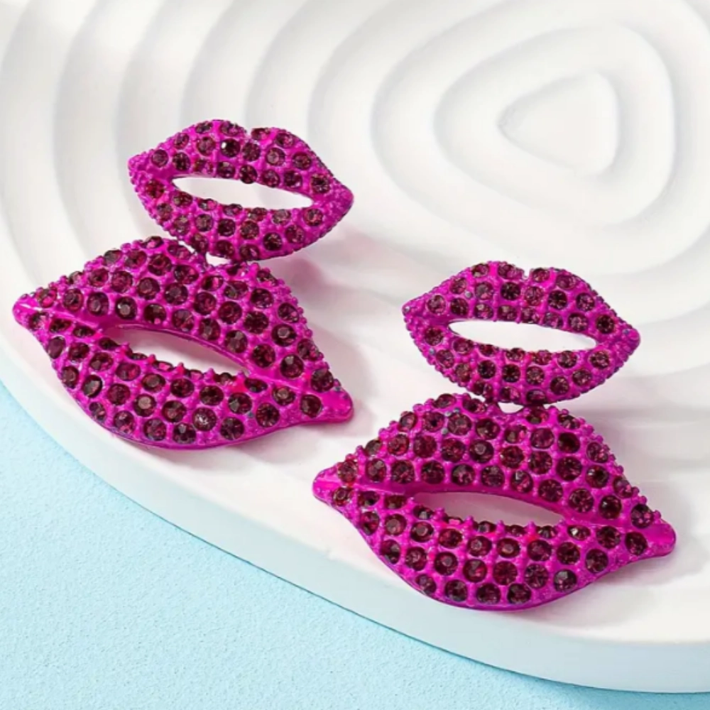 An Extra HOT Sparkly PINK Lipstick Lips Featuring A Larger and Small Pair of Lips Post Earring