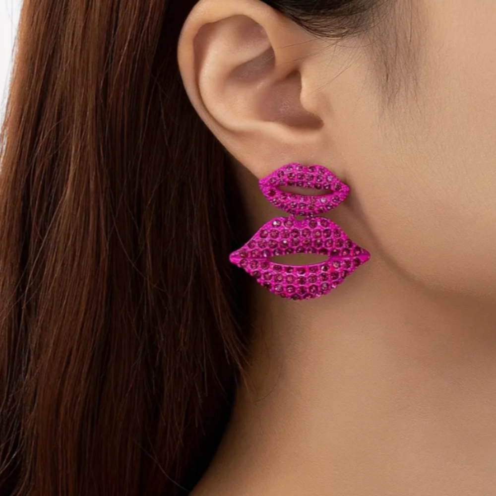 An Extra HOT Sparkly PINK Lipstick Lips Featuring A Larger and Small Pair of Lips Post Earring