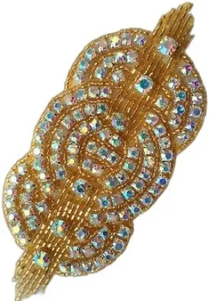 Applique Gold Beaded Crystal AB Rhinestones Triple Circle Patch Motif 4.75"