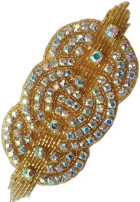 Applique Gold Beaded Crystal AB Rhinestones Triple Circle Patch Motif 4.75"