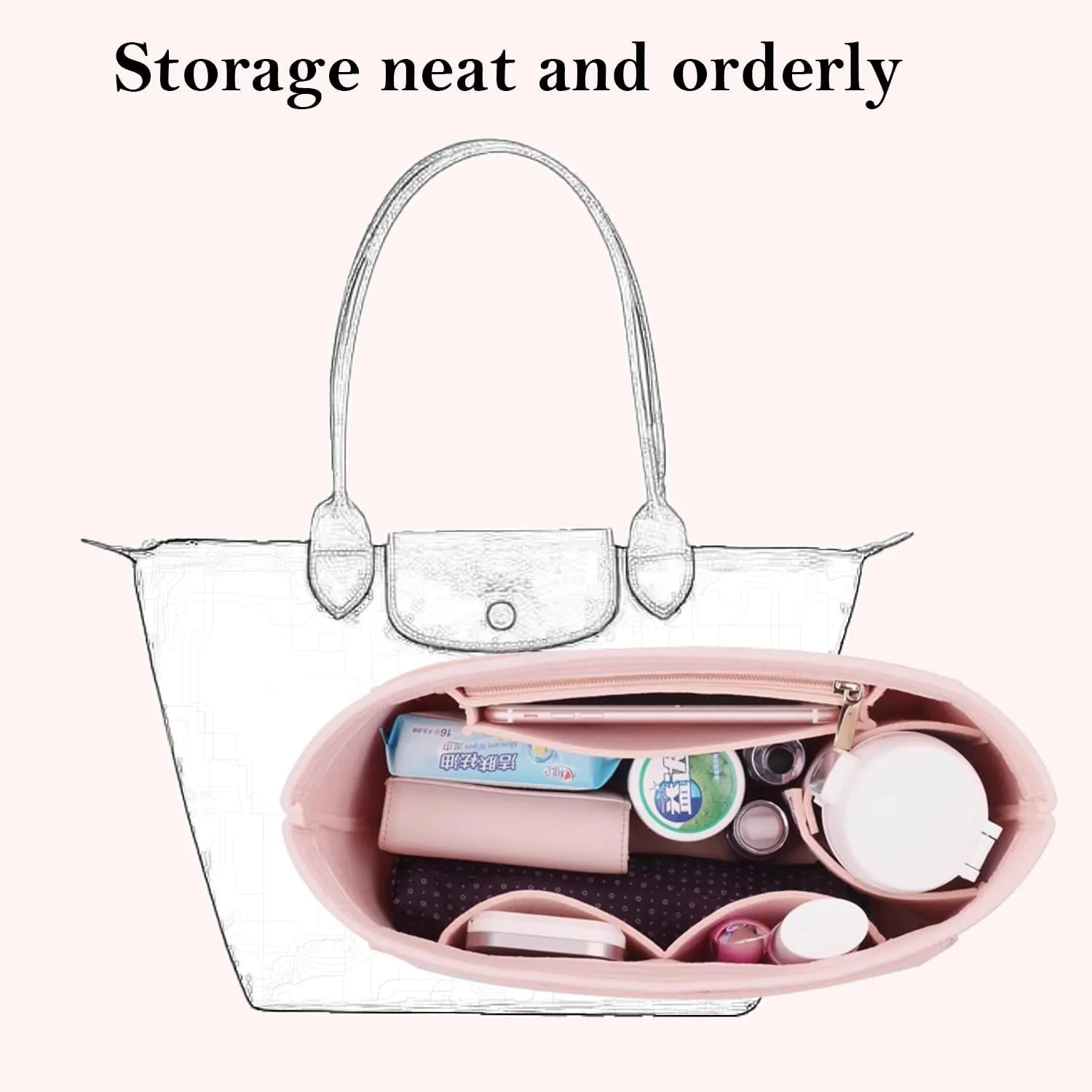Bag Insert Organizer, purse accessories, Suitable For Longchamp long handle tote organizer (Beige, L（long handle）)