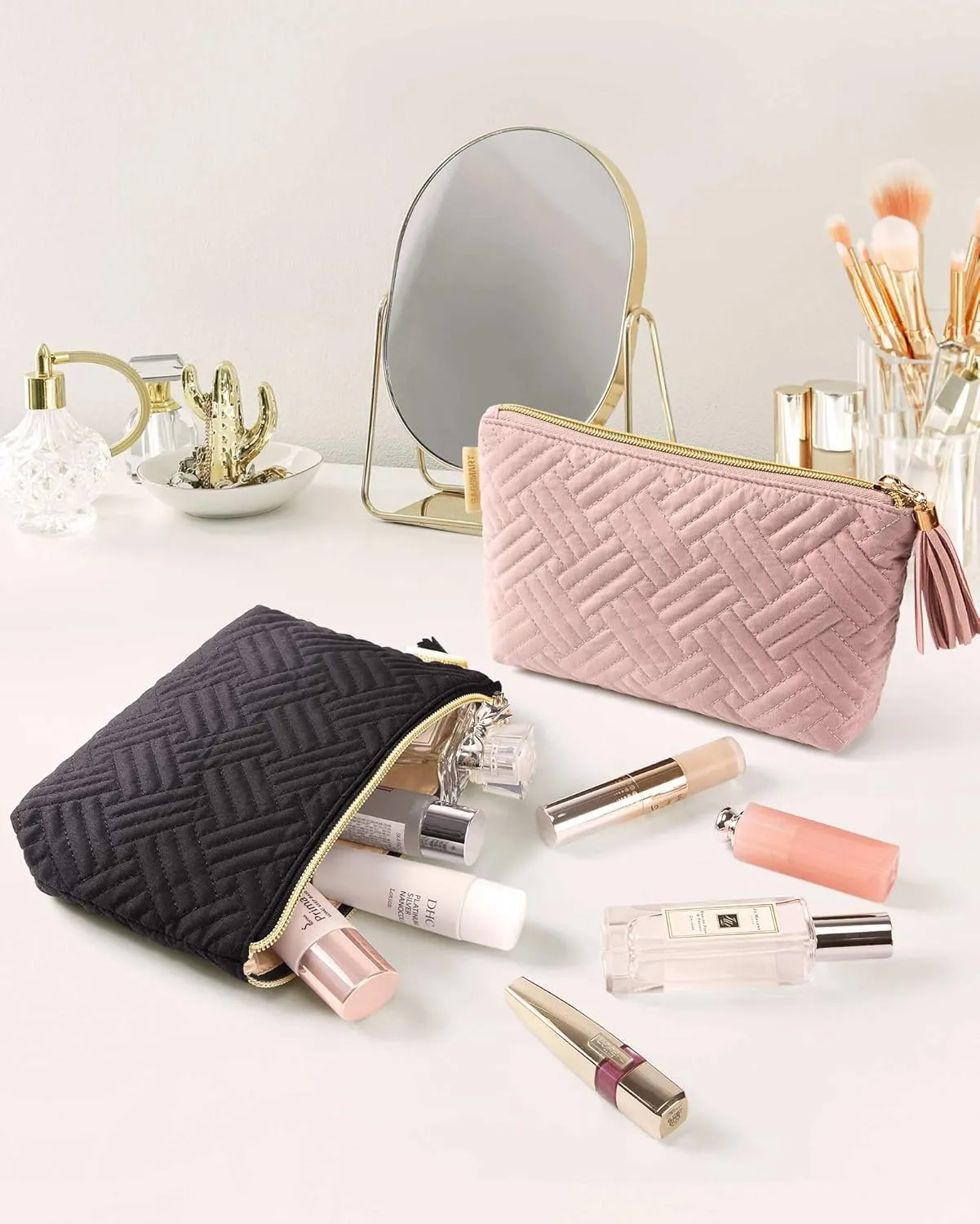 BAGSMART Cosmetic Pouch, Makeup Pouch Set,2 Pcs Small Makeup Bag for Purse,Travel Cosmetic Bag for Makeup Brushes Lipsticks Electonic Accessories, Pink Black