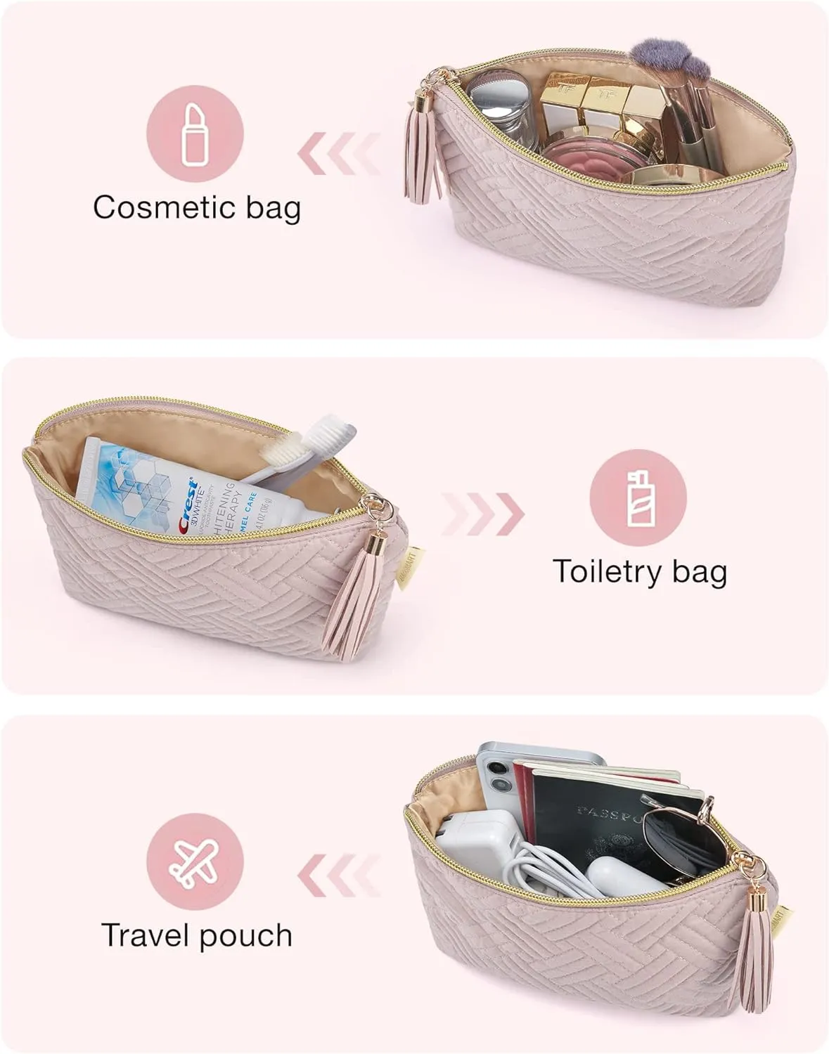 BAGSMART Cosmetic Pouch, Makeup Pouch Set,2 Pcs Small Makeup Bag for Purse,Travel Cosmetic Bag for Makeup Brushes Lipsticks Electonic Accessories, Pink Black
