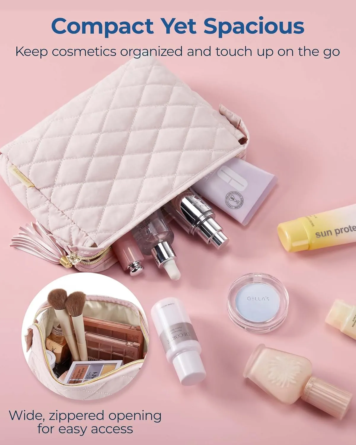BAGSMART Makeup Bag Travel Cosmetic Bag, Puffy Make Up Bags for Women Large Capacity Makeup Organizer Case, Wide-open Pouch for Purse Storage Travel Essentials Toiletries Accessories Brushes, Pink