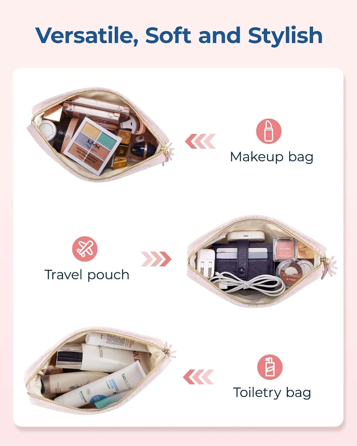 BAGSMART Makeup Bag Travel Cosmetic Bag, Puffy Make Up Bags for Women Large Capacity Makeup Organizer Case, Wide-open Pouch for Purse Storage Travel Essentials Toiletries Accessories Brushes, Pink
