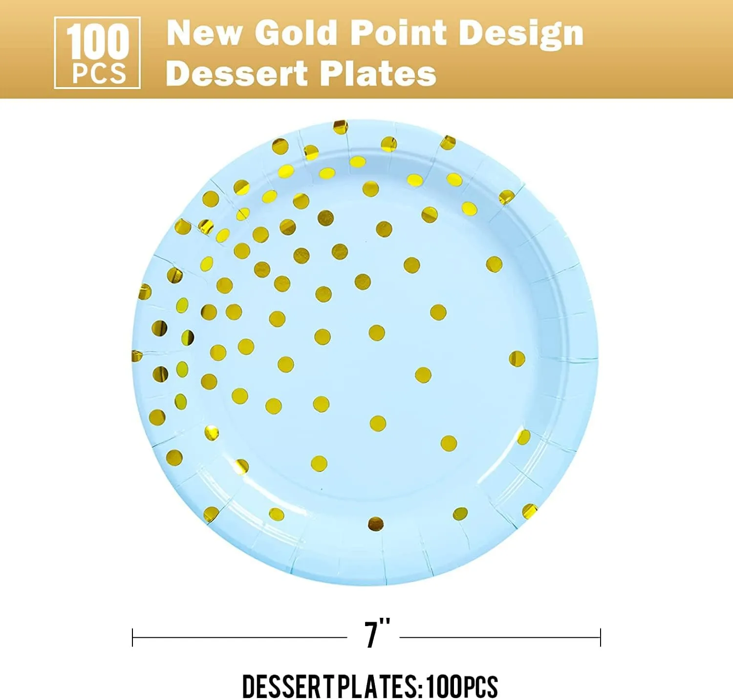 Blue Gold Paper Plates 100PCS,Pink and Gold Dots Dessert Plates,Disposable Round Party Supplies great for Baby Shower,Birthday,Wedding,Bridal Showers(7inch)