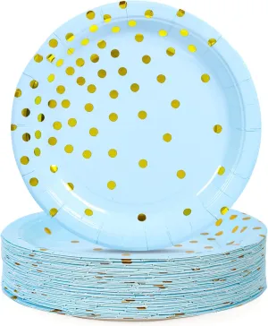 Blue Gold Paper Plates 100PCS,Pink and Gold Dots Dessert Plates,Disposable Round Party Supplies great for Baby Shower,Birthday,Wedding,Bridal Showers(7inch)