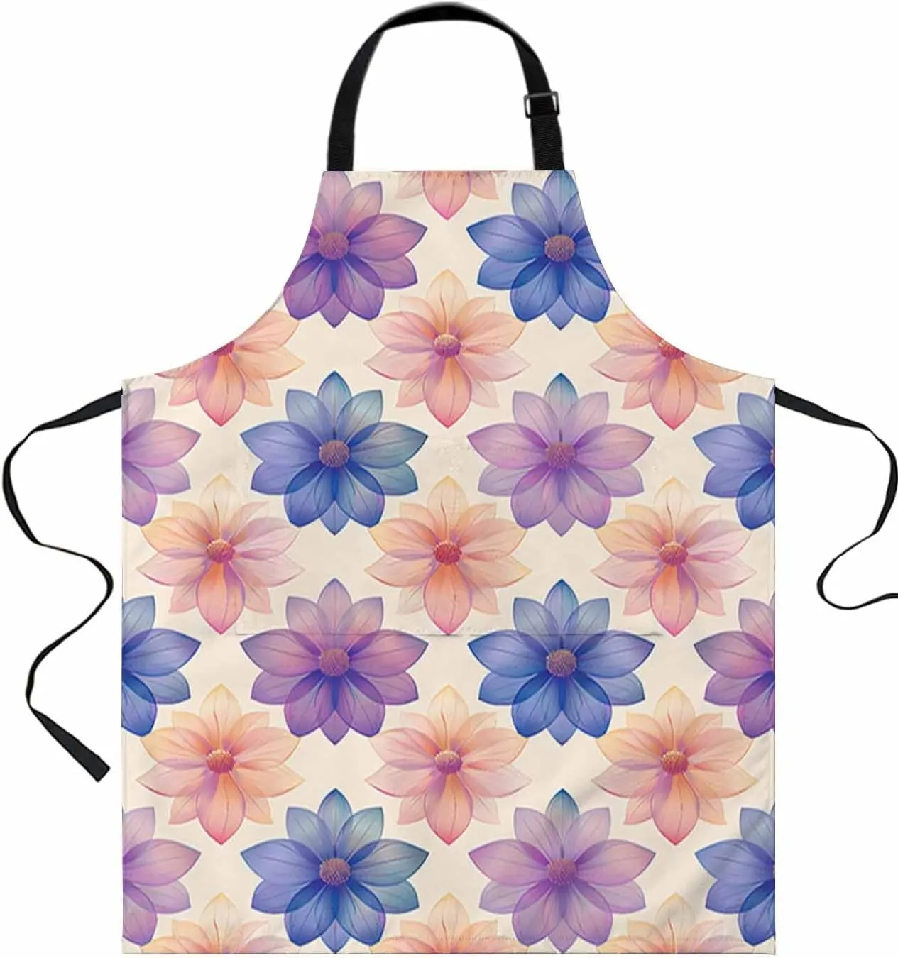 Blue Purple Flower Waterproof Apron With Pockets, Botanical Blossom Floral Watercolor Kitchen Chefs Bib Cooking BBQ Grill Bake Adjustable Aprons for Women/Kids Home Garden Grooming Painting Gardening