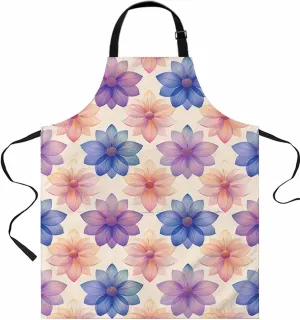 Blue Purple Flower Waterproof Apron With Pockets, Botanical Blossom Floral Watercolor Kitchen Chefs Bib Cooking BBQ Grill Bake Adjustable Aprons for Women/Kids Home Garden Grooming Painting Gardening