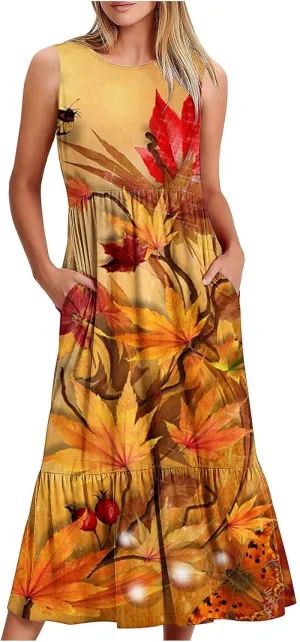 Boho Dresses for Women 2024 High Waist Ruched Maxi Tank Dresses Pockets Summer Hawaiian Dress Vacation Trendy