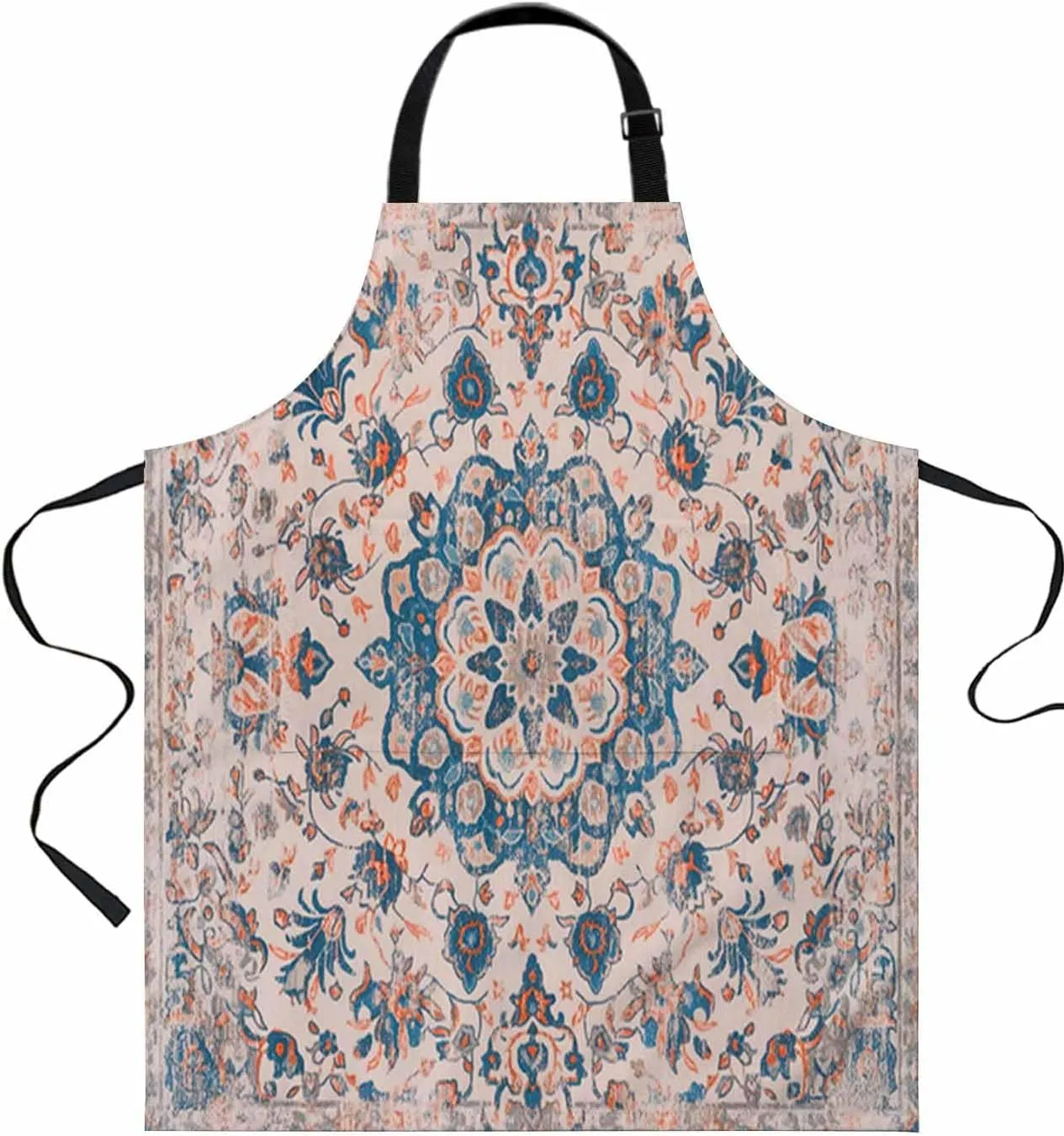 Boho Mandala Floral Waterproof Apron With Pockets,Navy Blue Orange Ethnic Tribal Bohemian Kitchen Chefs Bib Cooking BBQ Grill Bake Adjustable Aprons for Women Home Garden Grooming Painting Gardening
