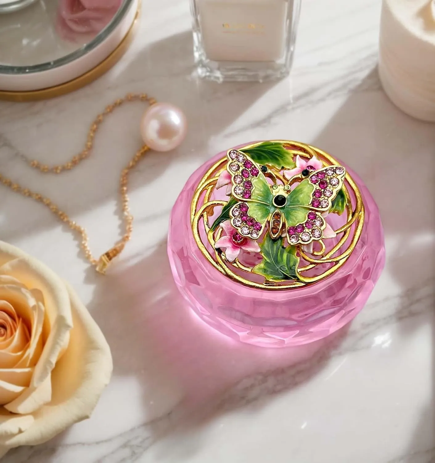 Butterfly Jewelry Trinket Boxes with Pink Resin Box.Decorative Keepsake Box for Necklace Earrings Small Treasure.Butterfly Gifts for Women
