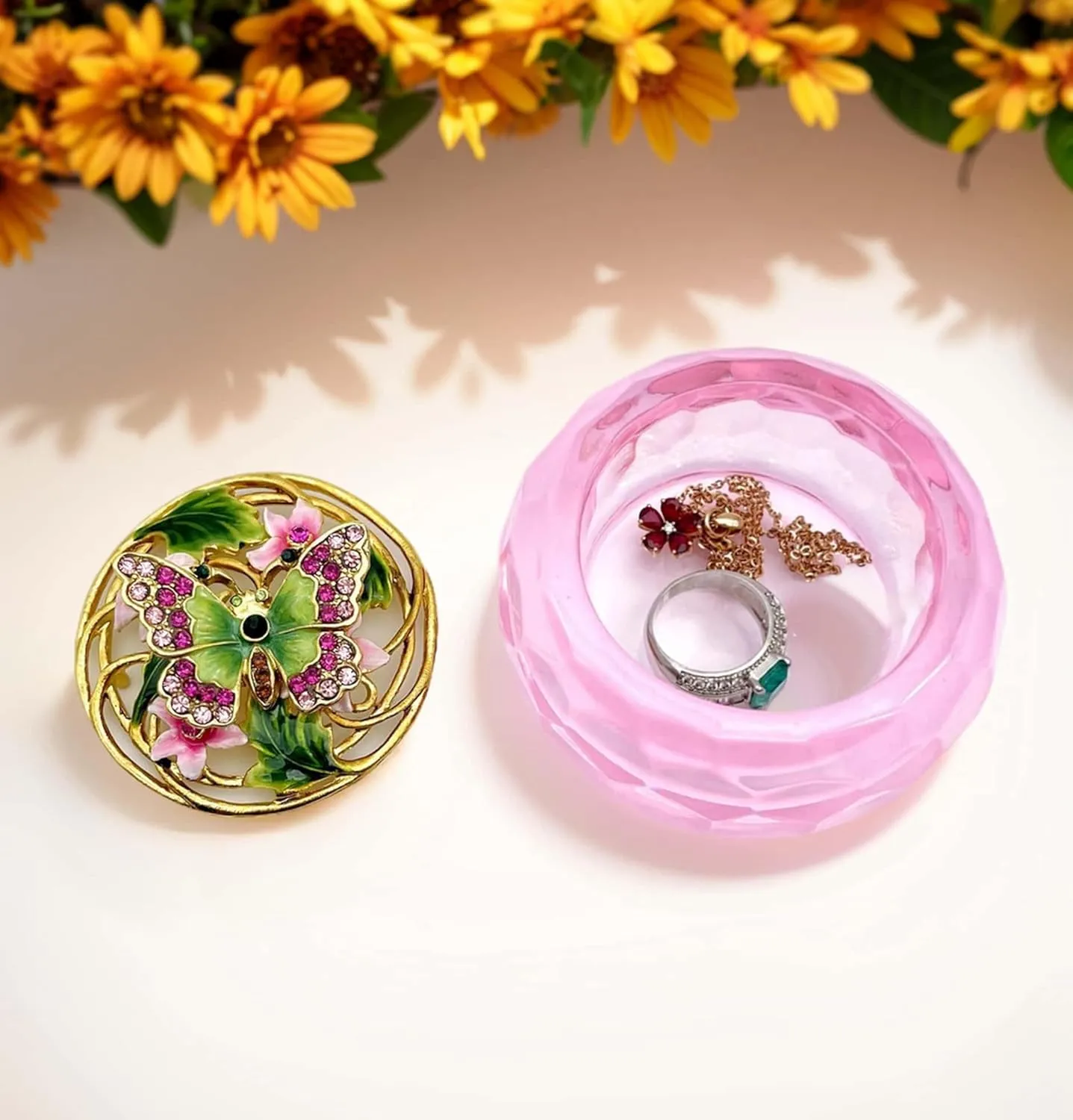 Butterfly Jewelry Trinket Boxes with Pink Resin Box.Decorative Keepsake Box for Necklace Earrings Small Treasure.Butterfly Gifts for Women