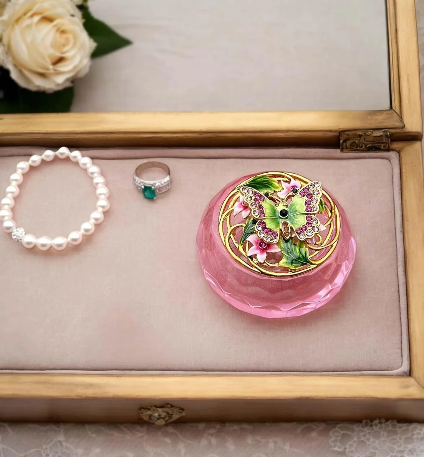 Butterfly Jewelry Trinket Boxes with Pink Resin Box.Decorative Keepsake Box for Necklace Earrings Small Treasure.Butterfly Gifts for Women