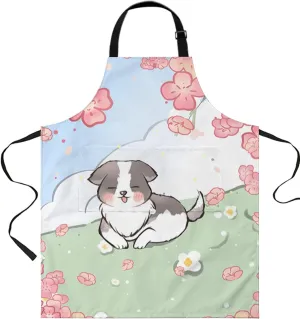 Cartoon Dogs Flower Waterproof Apron With Pockets,Farmhouse Funny Cute Animal Red Florals Kitchen Chefs Bib Cooking BBQ Grill Bake Adjustable Aprons for Women/Kids Home Garden Grooming Painting