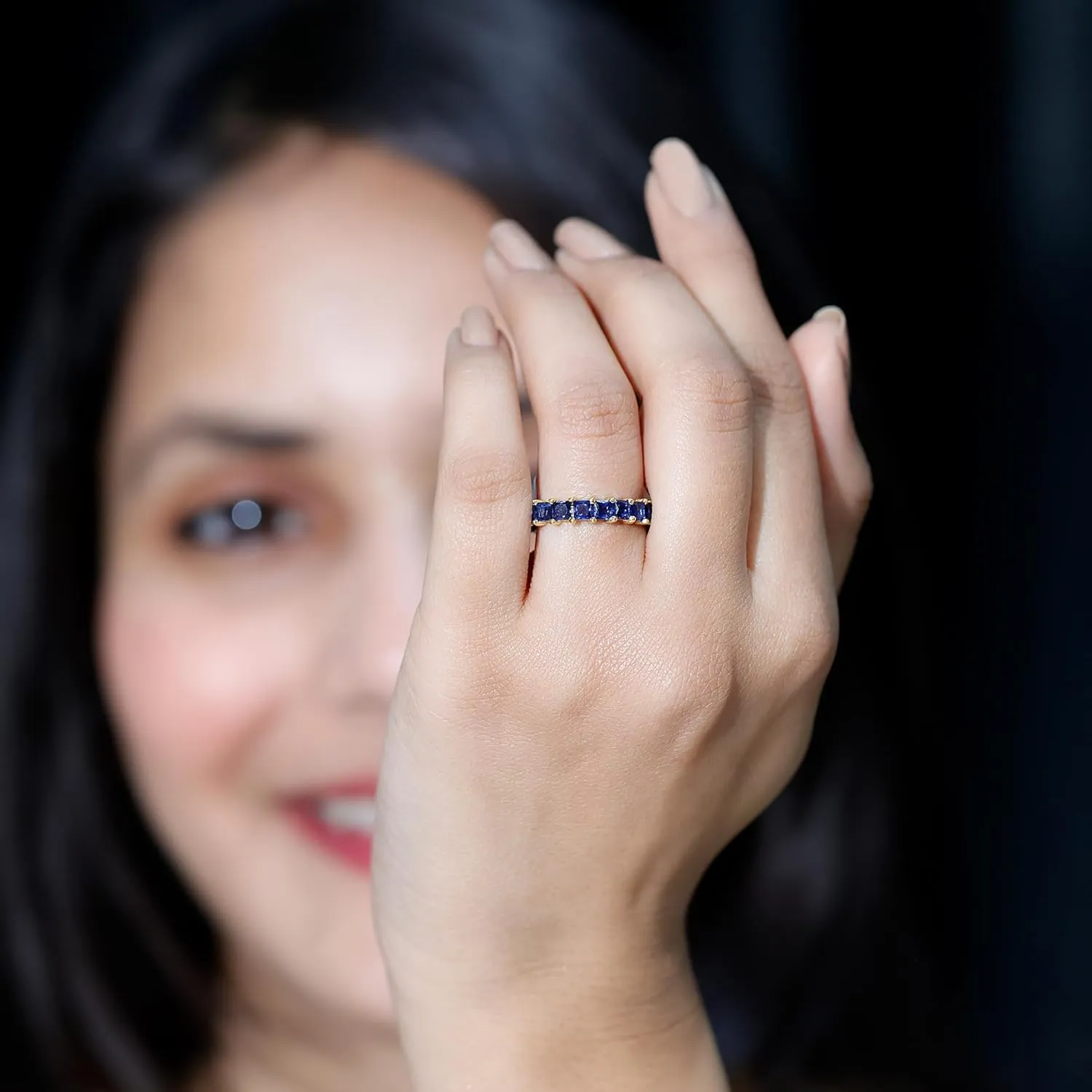 Certified Lab Grown Blue Sapphire Eternity Band, AAAA Quality, Princess Cut Sapphire Anniversary Ring - With Jewelry Box