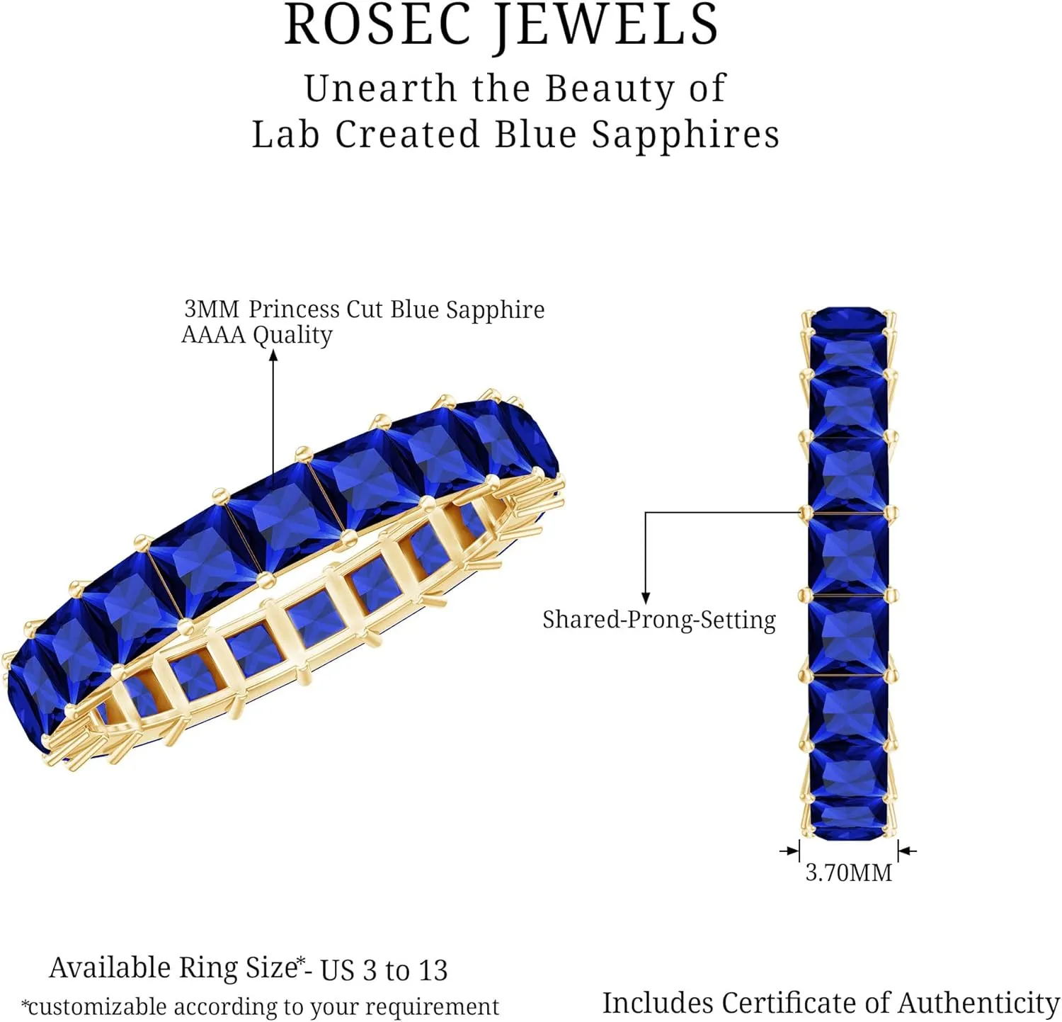 Certified Lab Grown Blue Sapphire Eternity Band, AAAA Quality, Princess Cut Sapphire Anniversary Ring - With Jewelry Box