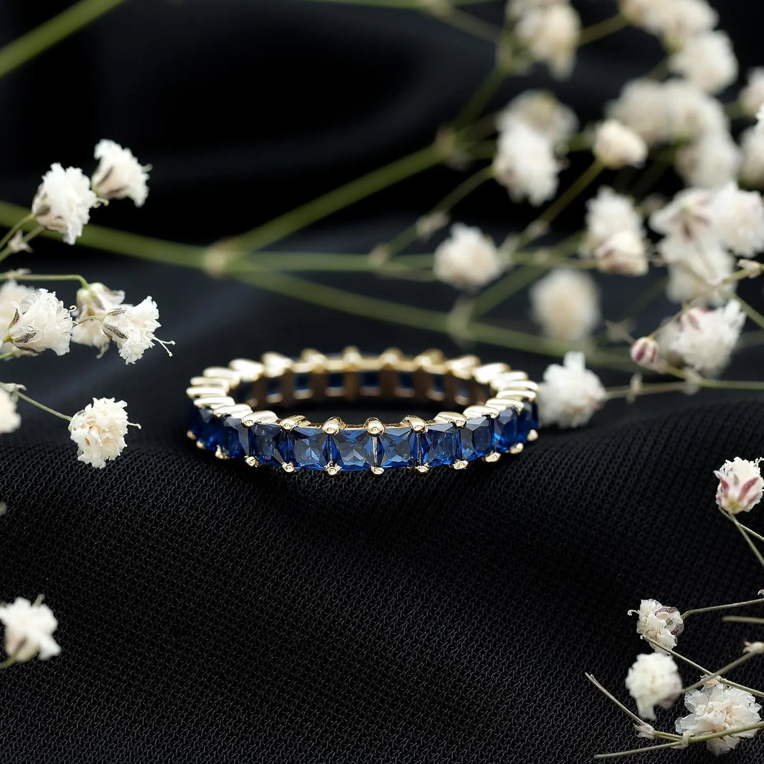 Certified Lab Grown Blue Sapphire Eternity Band, AAAA Quality, Princess Cut Sapphire Anniversary Ring - With Jewelry Box