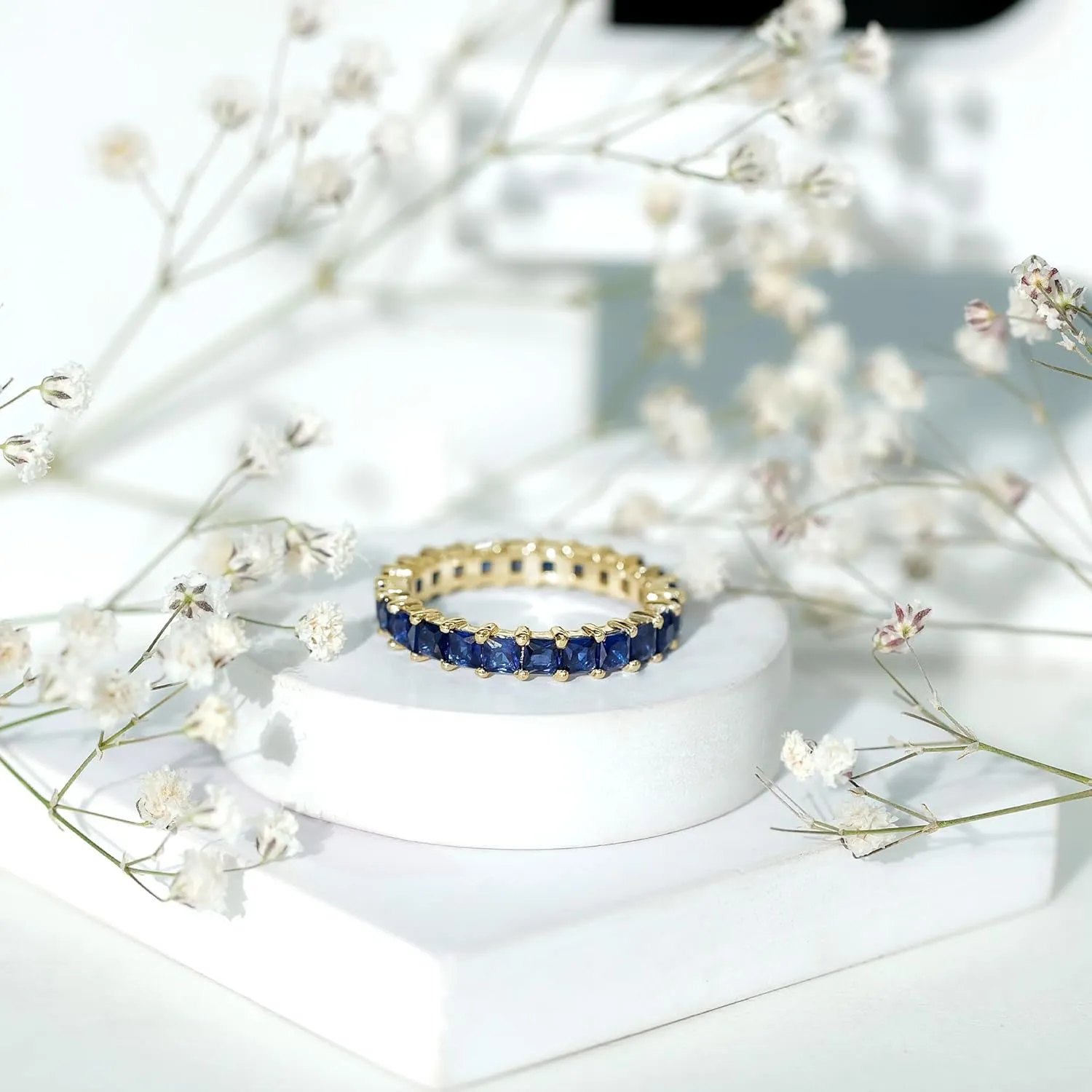 Certified Lab Grown Blue Sapphire Eternity Band, AAAA Quality, Princess Cut Sapphire Anniversary Ring - With Jewelry Box