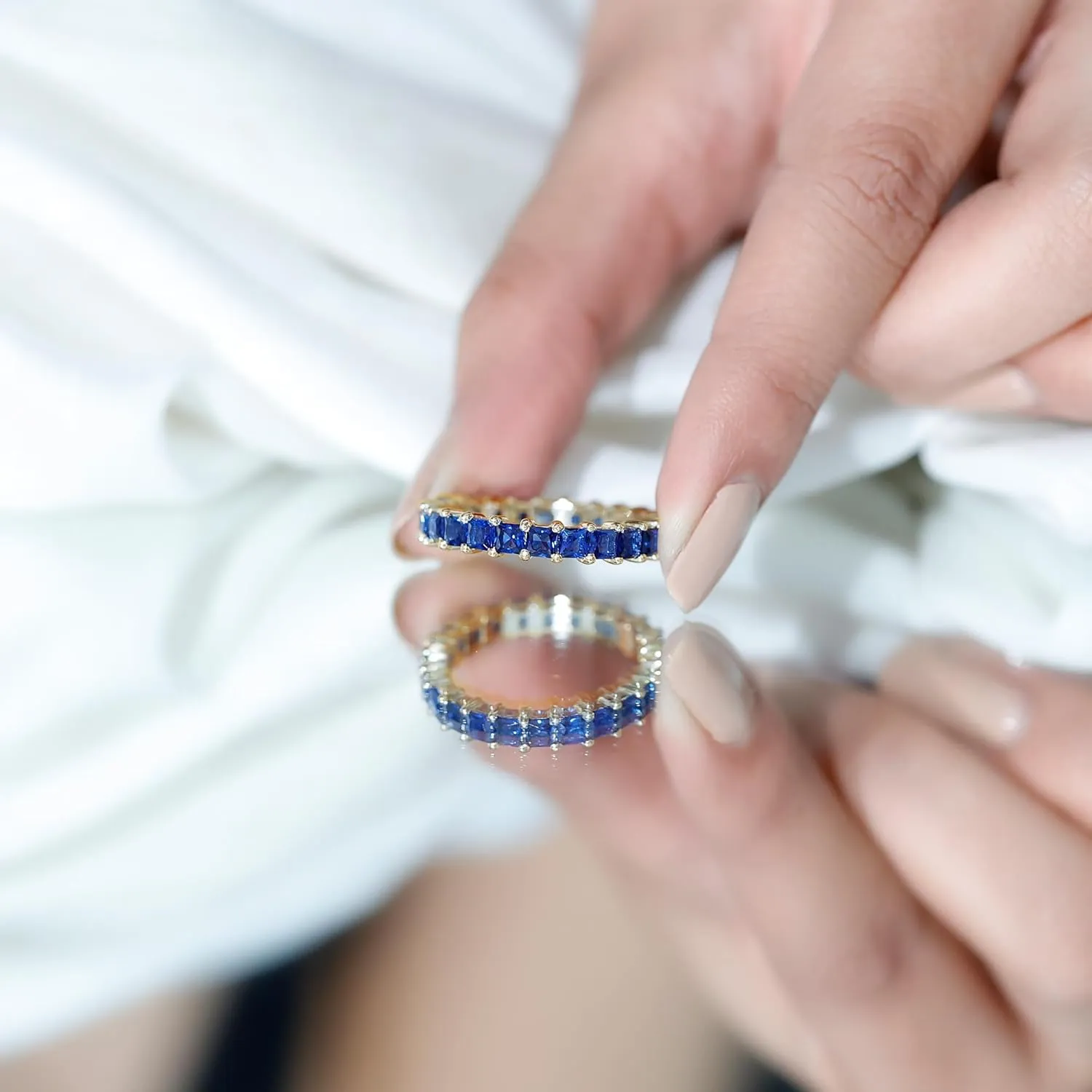 Certified Lab Grown Blue Sapphire Eternity Band, AAAA Quality, Princess Cut Sapphire Anniversary Ring - With Jewelry Box