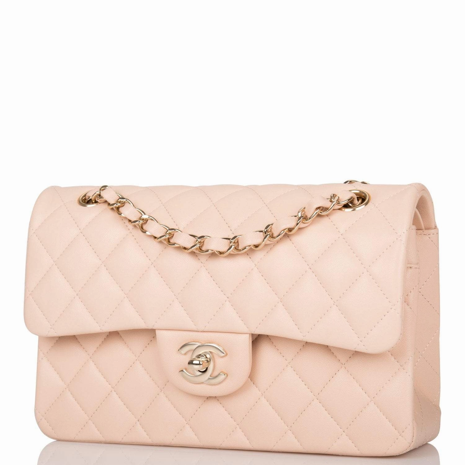 Chanel Beige Quilted Lambskin Small Classic Double Flap Bag Light Gold Hardware