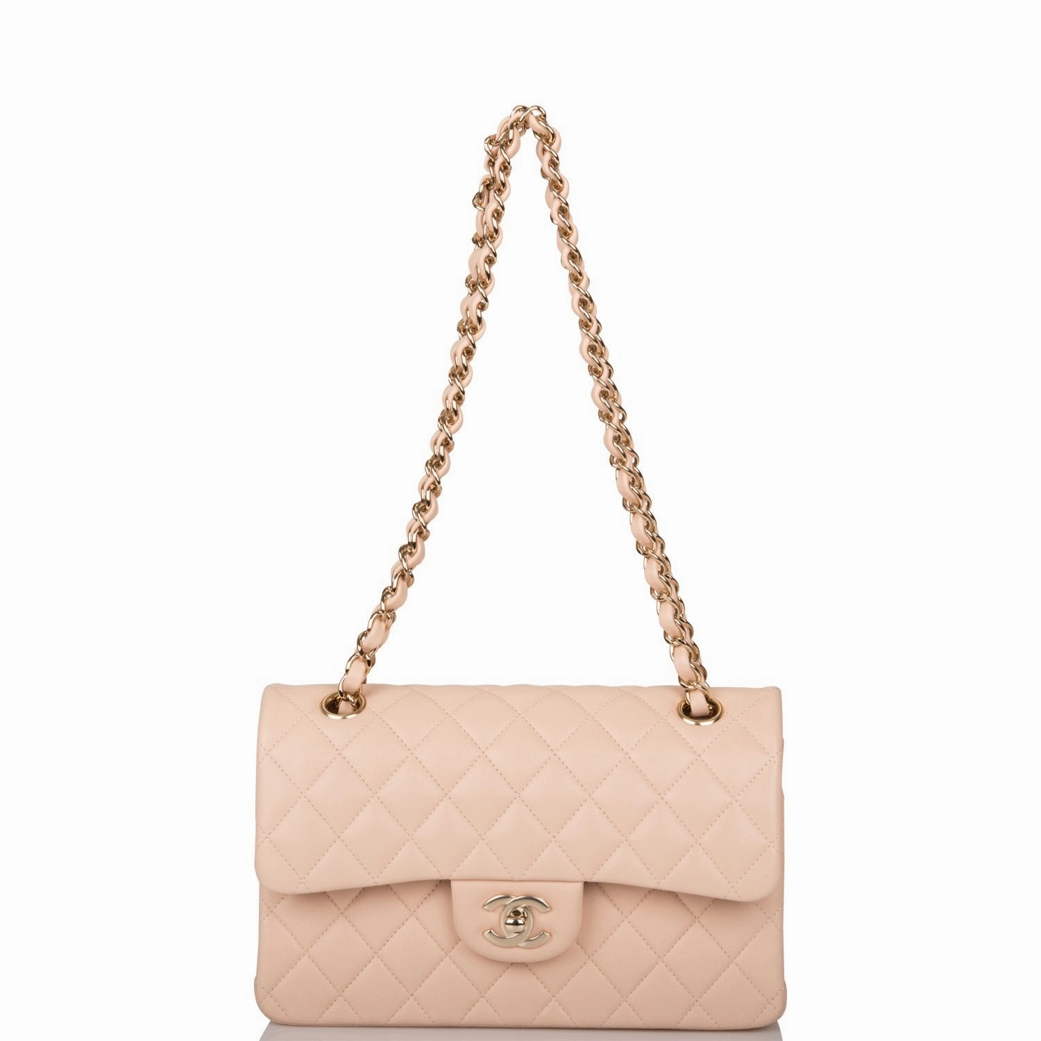 Chanel Beige Quilted Lambskin Small Classic Double Flap Bag Light Gold Hardware
