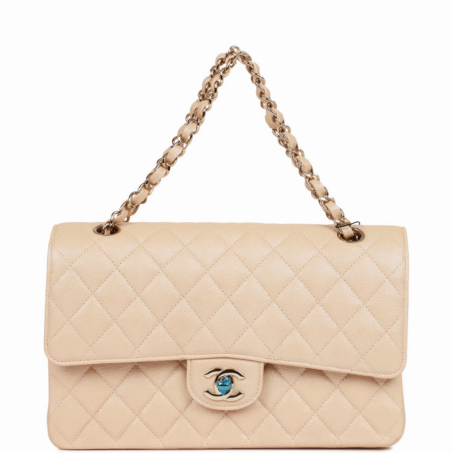 Chanel Medium Classic Double Flap Bag Beige Iridescent Caviar Light Gold Hardware