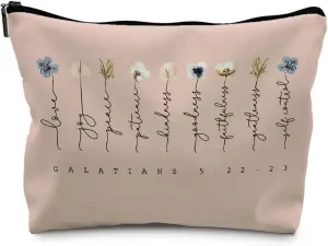 Christian Flower Leather Makeup Bag,Galatians 5:22-23,Fruit of the Spirit,Christian Gift Bags,Bible Verse Gifts,Inspirational Christian Gifts for Women Girls,Bible Verse Cosmetic Bag（PU-pink）