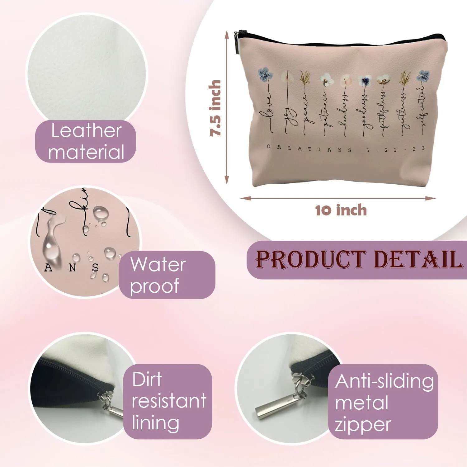 Christian Flower Leather Makeup Bag,Galatians 5:22-23,Fruit of the Spirit,Christian Gift Bags,Bible Verse Gifts,Inspirational Christian Gifts for Women Girls,Bible Verse Cosmetic Bag（PU-pink）