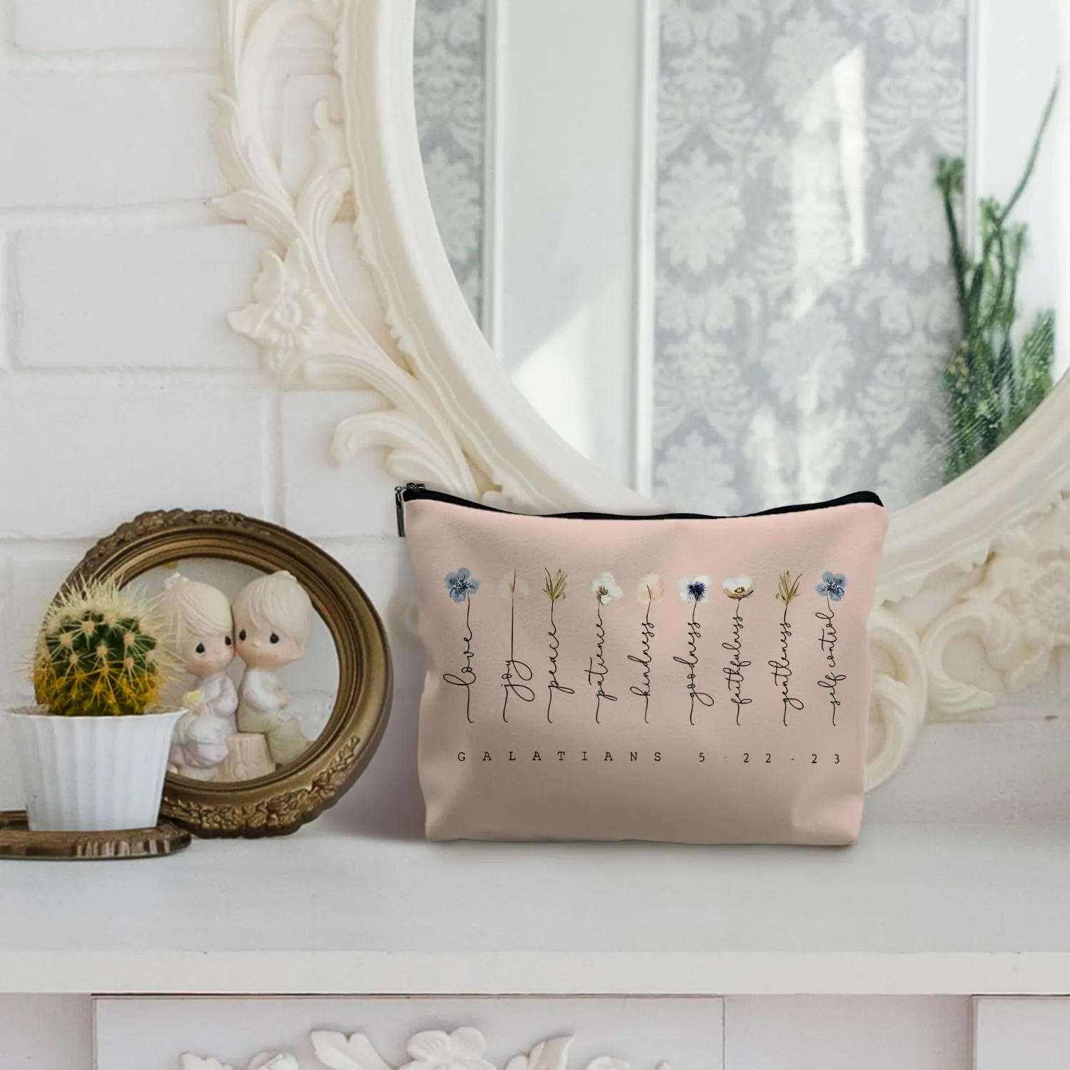 Christian Flower Leather Makeup Bag,Galatians 5:22-23,Fruit of the Spirit,Christian Gift Bags,Bible Verse Gifts,Inspirational Christian Gifts for Women Girls,Bible Verse Cosmetic Bag（PU-pink）