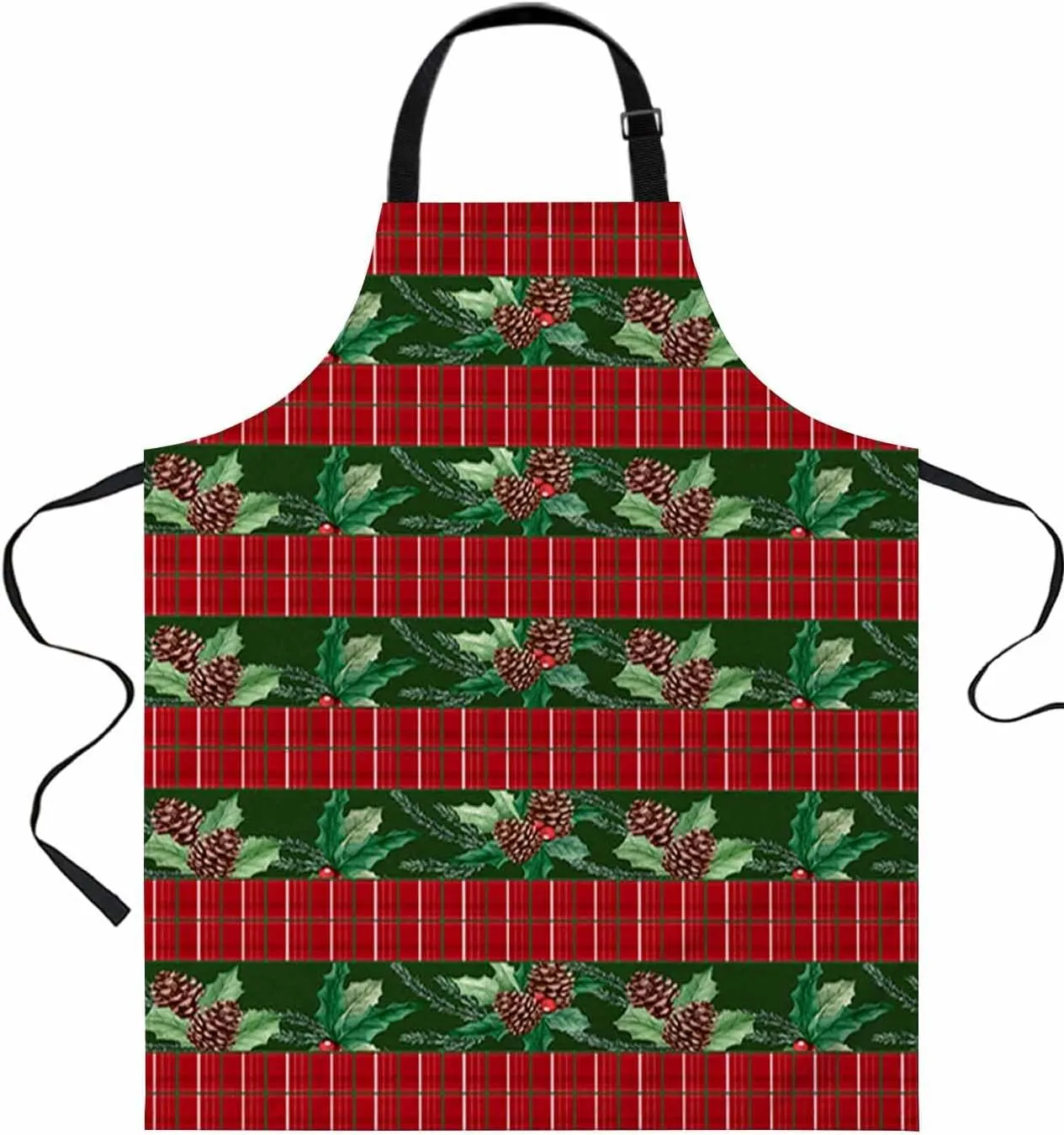 Christmas Waterproof Apron With Pockets, Farmhouse Winter Berries Pinecone Red Green Kitchen Chefs Bib Cooking BBQ Grill Bake Adjustable Aprons for Women/Kids Home Garden Grooming Painting Gardening