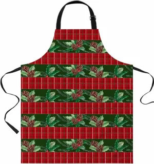 Christmas Waterproof Apron With Pockets, Farmhouse Winter Berries Pinecone Red Green Kitchen Chefs Bib Cooking BBQ Grill Bake Adjustable Aprons for Women/Kids Home Garden Grooming Painting Gardening