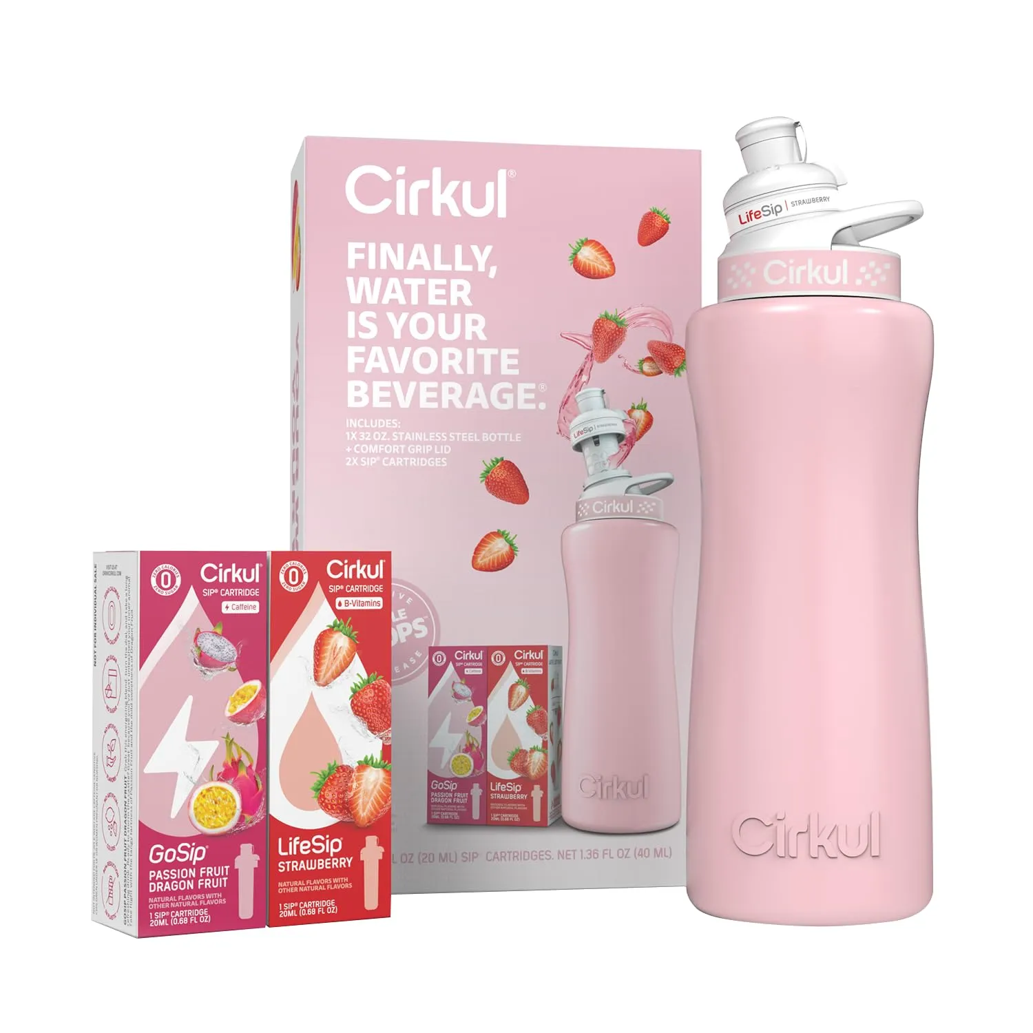 Cirkul 32oz. Blush Pink Stainless Steel Water Bottle Starter Kit with Pink Lid and 2 Flavor Cartridges (1 LifeSip Strawberry, 1 GoSip Passion Fruit Dragon Fruit) Zero Calories and No Sugar