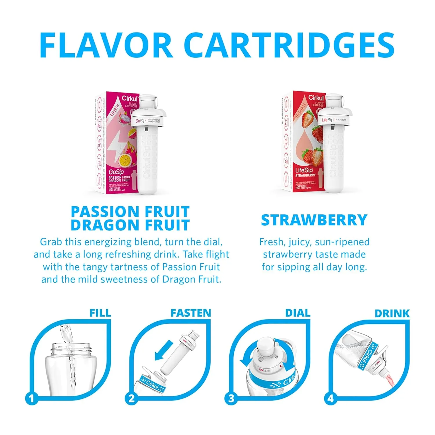 Cirkul 32oz. Blush Pink Stainless Steel Water Bottle Starter Kit with Pink Lid and 2 Flavor Cartridges (1 LifeSip Strawberry, 1 GoSip Passion Fruit Dragon Fruit) Zero Calories and No Sugar